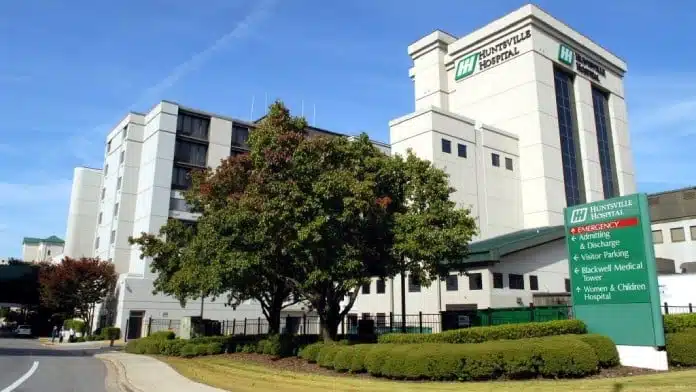 Main exterior entrance of Huntsville Hospital at 101 Sivley Road SW, Huntsville, Alabama