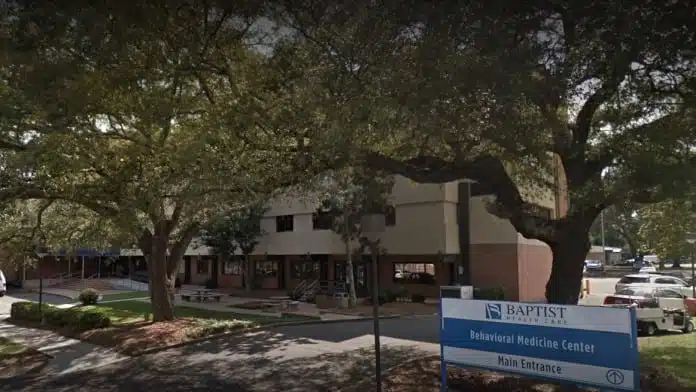 Main entrance of Baptist Behavioral Medicine Center in Pensacola, Florida, specializing in inpatient and outpatient mental health and psychiatric care.