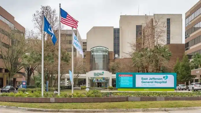 Front entrance of East Jefferson General Hospital Behavioral Health in Metairie, Louisiana, providing mental health and addiction recovery programs