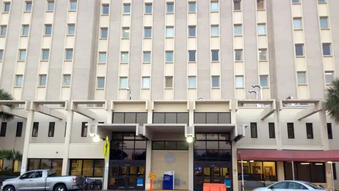 Main entrance of James A Haley Veterans Hospital in Tampa Florida 33612