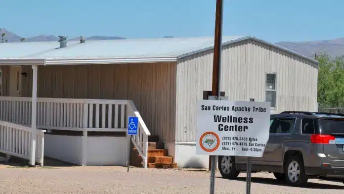 Front entrance of San Carlos Apache Tribe Wellness Center in San Carlos, Arizona, providing mental health and addiction recovery programs