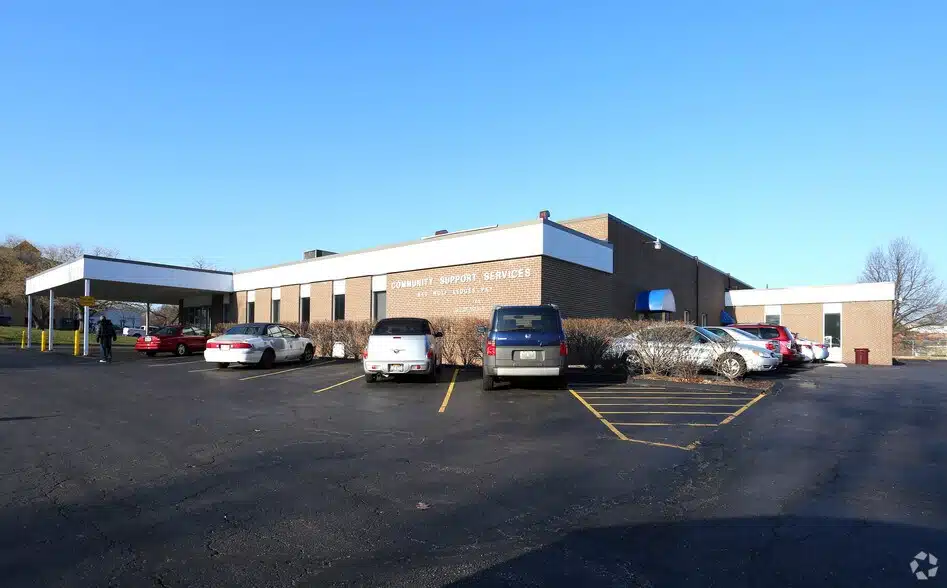 Front view of Community Support Services facility in Akron, Ohio providing behavioral health and addiction recovery programs.
