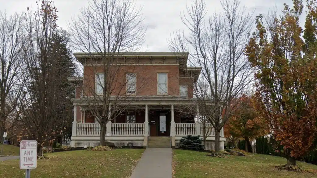 Exterior view of Noble House in Wooster, Ohio, showing the building’s entrance and signage.