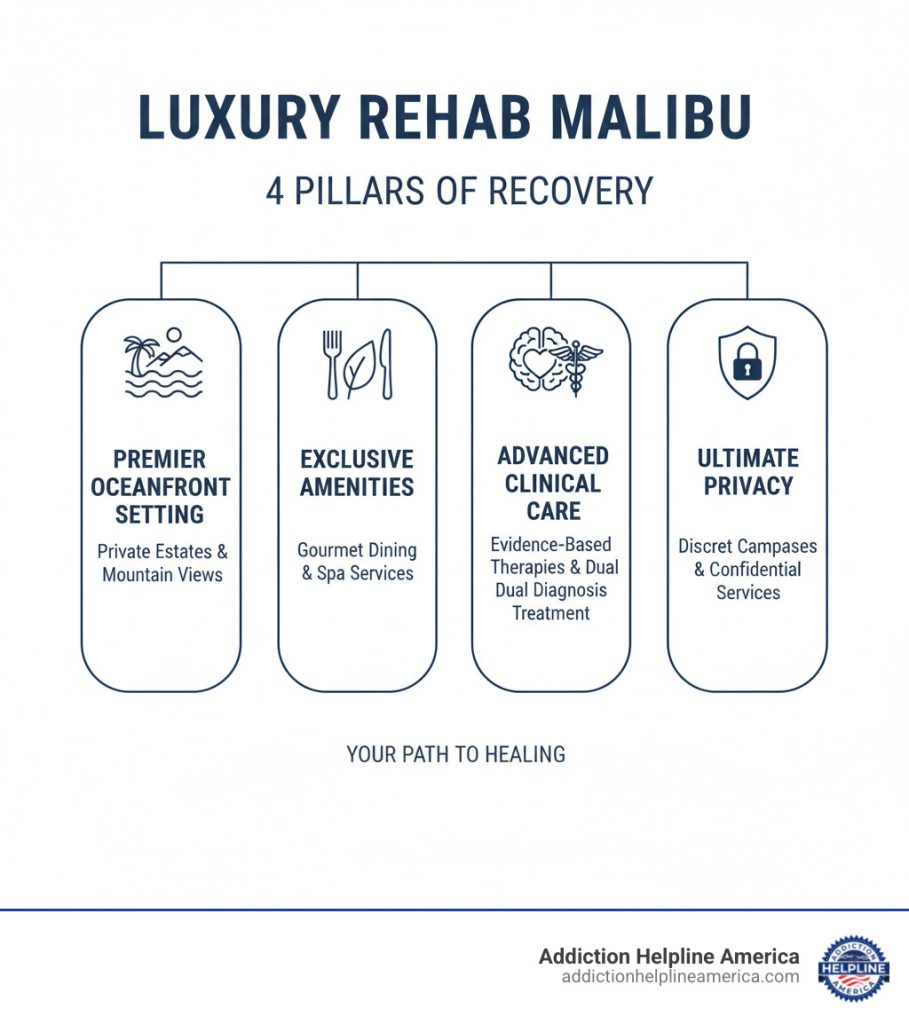 Infographic showing the 4 pillars of luxury rehab in Malibu: Premier Oceanfront Setting with private estates and mountain views, Exclusive Amenities including gourmet dining and spa services, Advanced Clinical Care featuring evidence-based therapies and dual diagnosis treatment, and Ultimate Privacy with discrete campuses and confidential services - Luxury alcohol rehab Malibu infographic 