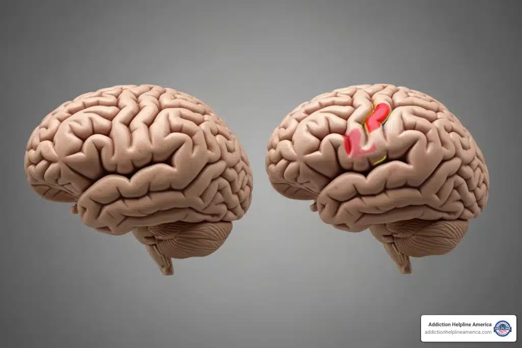 Image illustrating the difference between a fully developed adult brain and a still-developing adolescent brain - Adolescent substance abuse