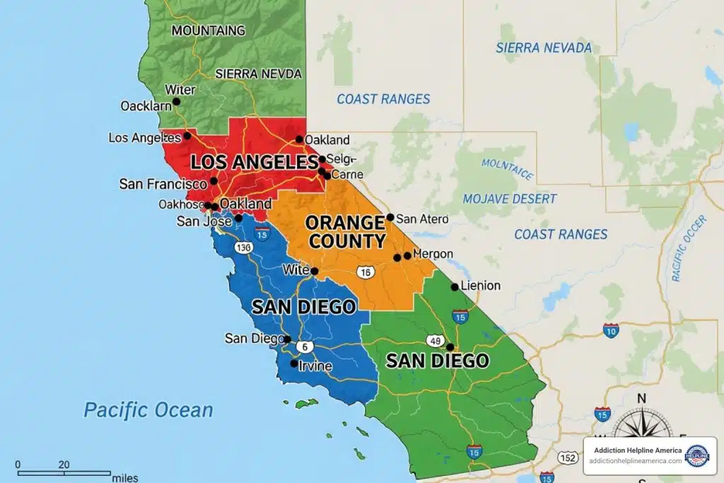map of California highlighting major hubs like Los Angeles, Orange County, San Diego, and the Bay Area - alcohol addiction treatment centers california