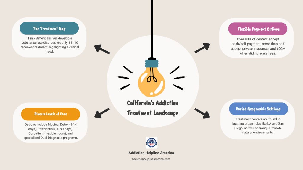 Comprehensive infographic showing California's addiction treatment landscape including treatment levels (detox, residential, outpatient), insurance acceptance rates, average costs, and geographic distribution of centers across major California regions - alcohol addiction treatment centers california infographic brainstorm-4-items