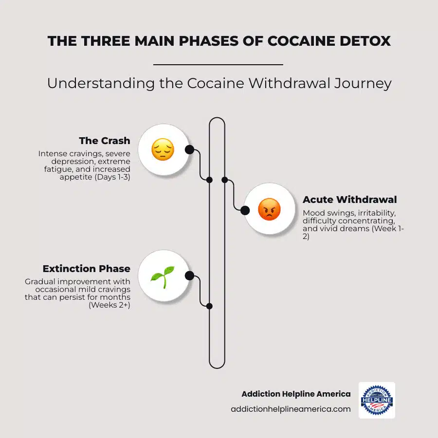 Infographic showing the three main phases of cocaine withdrawal: Phase 1 - The Crash (Days 1-3) with symptoms including intense cravings, severe depression, extreme fatigue, and increased appetite; Phase 2 - Acute Withdrawal (Week 1-2) with mood swings, irritability, difficulty concentrating, and vivid dreams; Phase 3 - Extinction Phase (Weeks 2+) showing gradual improvement with occasional mild cravings that may persist for months - Cocaine Detox infographic infographic-line-3-steps-elegant_beige