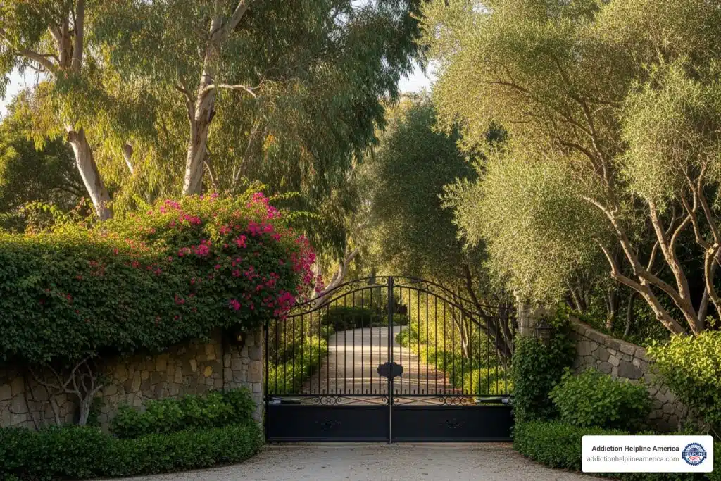 discreet gated entrance to a private Malibu estate - Luxury alcohol rehab Malibu