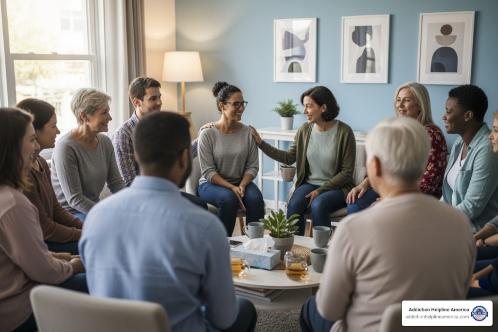 Diverse group of people smiling in a support group setting - Colorado Springs mental health