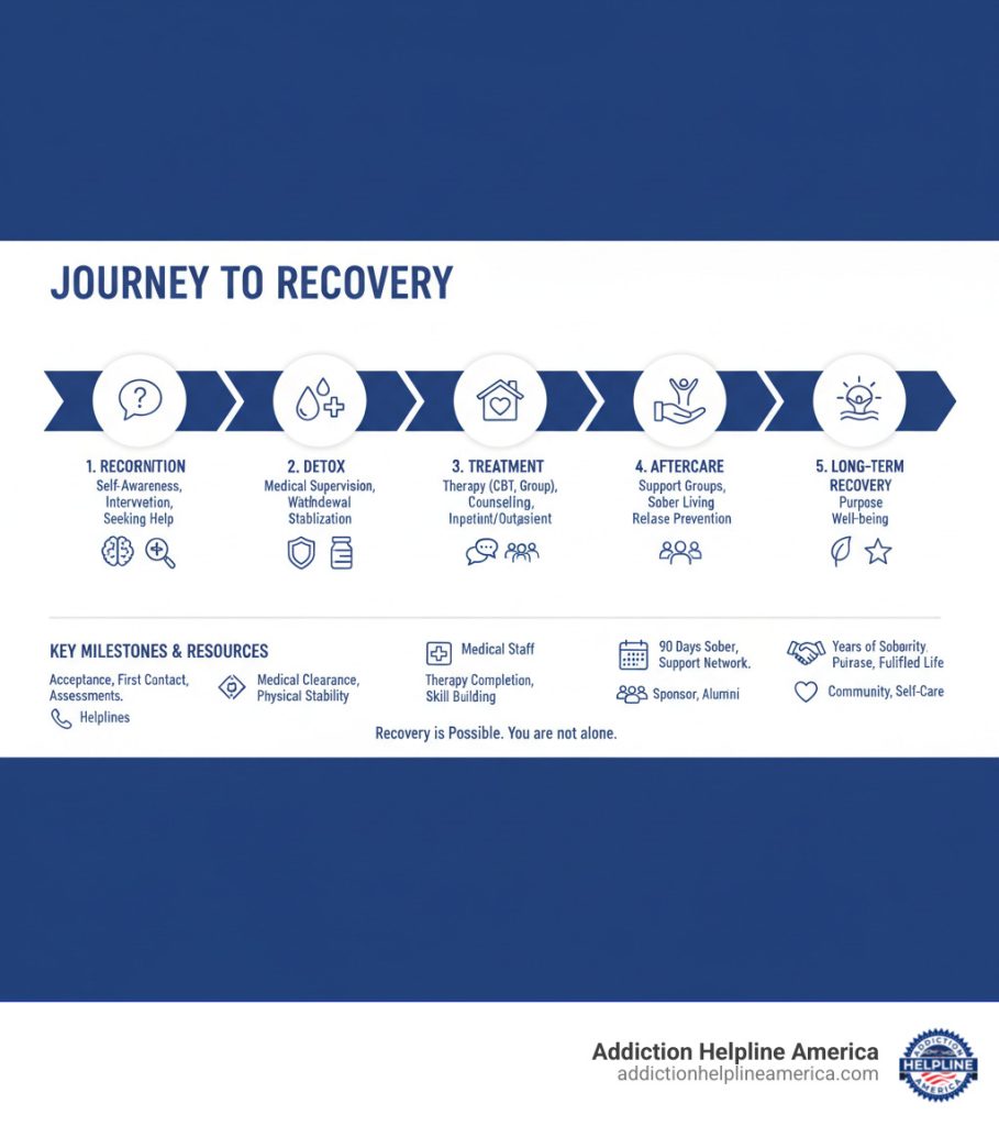 infographic showing the journey from recognizing a substance use problem through detox, treatment, aftercare, and long-term recovery with key milestones and support resources at each stage - Drug Rehabilitation Services in USA infographic 