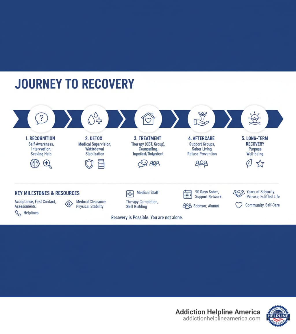 infographic showing the journey from recognizing a substance use problem through detox, treatment, aftercare, and long-term recovery with key milestones and support resources at each stage - Drug Rehabilitation Services in USA infographic