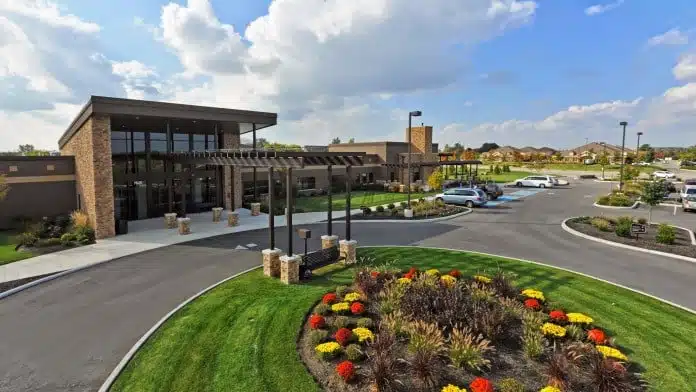 Front entrance of Columbus Springs Dublin in Dublin, Ohio, offering professional addiction treatment, mental health services, and dual diagnosis care in a supportive environment.