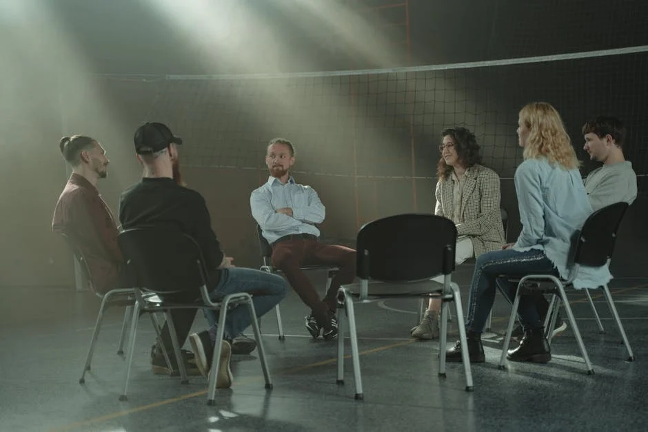 Group therapy session for dual diagnosis treatment showing individuals receiving integrated care for addiction and mental health disorders.