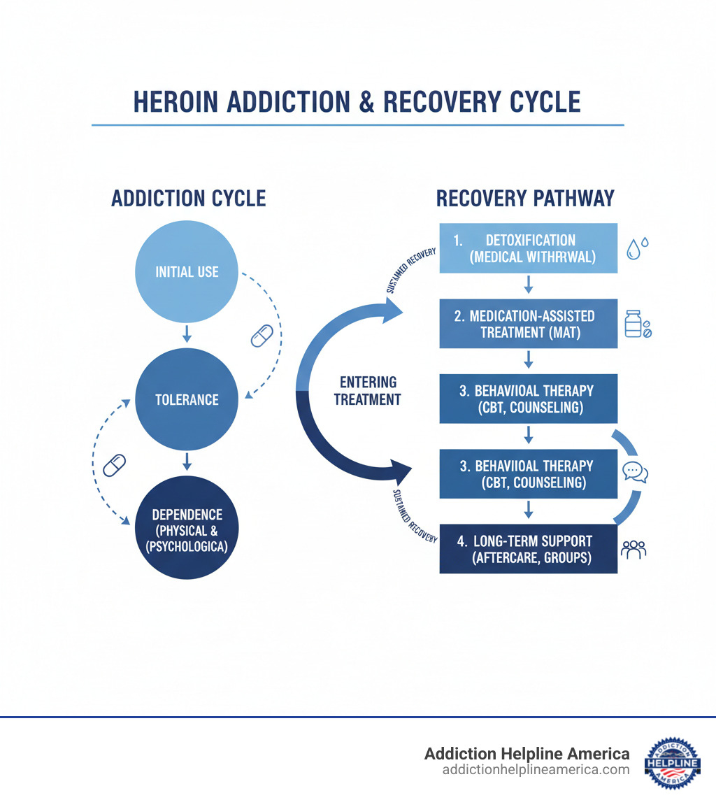 Comprehensive overview showing the cycle of heroin addiction starting with initial use leading to tolerance and dependence, followed by the recovery pathway including detoxification, medication-assisted treatment, behavioral therapy, and long-term support, with arrows indicating the progression and interconnection between treatment components - Heroin Addiction Treatment infographic