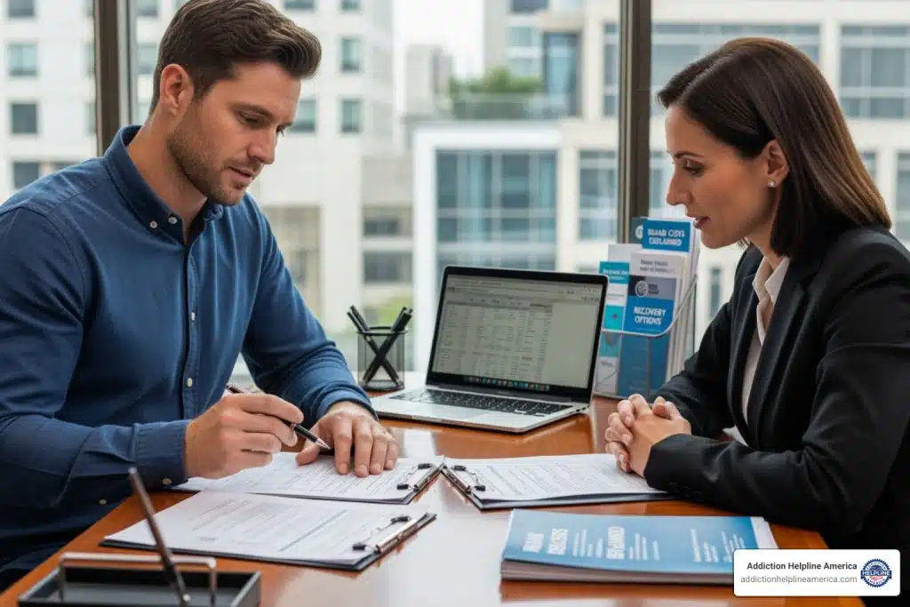 A man reviewing financial documents with a counselor to understand rehab costs - Men's inpatient rehab