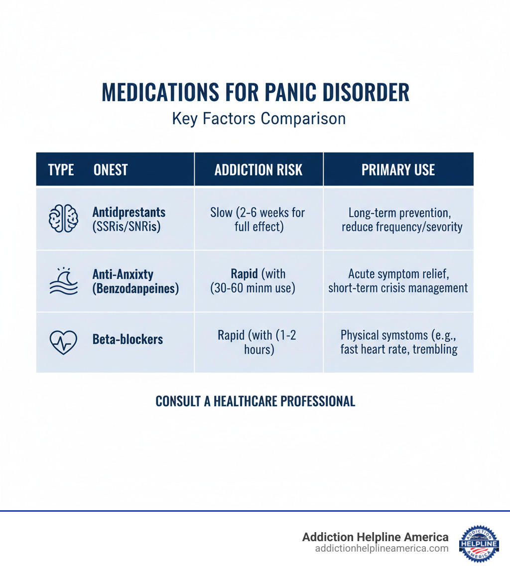 table comparing types of medications commonly used for panic disorder on key factors like onset, addiction risk, and primary use - Panic Disorder Treatment infographic