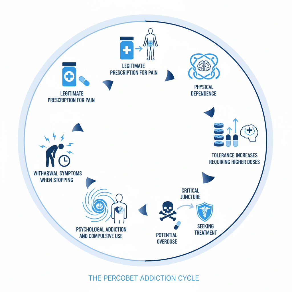 Infographic showing the cycle of Percocet addiction: legitimate prescription for pain → physical dependence develops → tolerance increases requiring higher doses → withdrawal symptoms when stopping → psychological addiction and compulsive use → potential overdose or seeking treatment - Percocet Addiction Treatment infographic