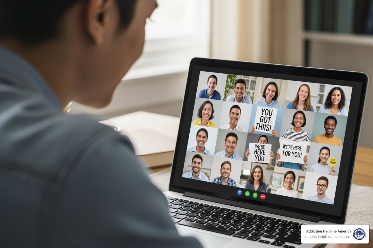 A person using a laptop to access an online support group - Helpful Links and Resources for drug rehab and aa/ na meetings and al anon'