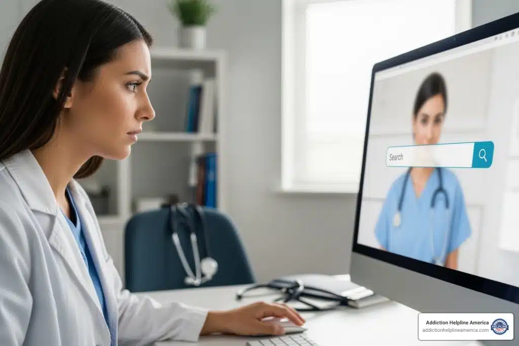Person looking thoughtfully at a laptop screen displaying a map with search results - Suboxone doctor search