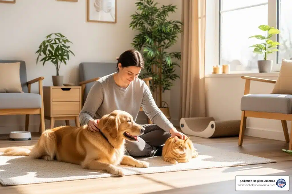 Image showing a pet-friendly alcohol and drug rehab environment with therapy animals supporting recovery