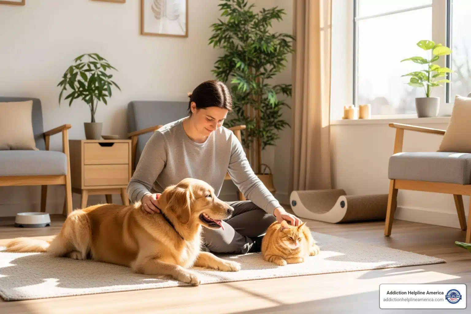 Image showing a pet-friendly alcohol and drug rehab environment with therapy animals supporting recovery
