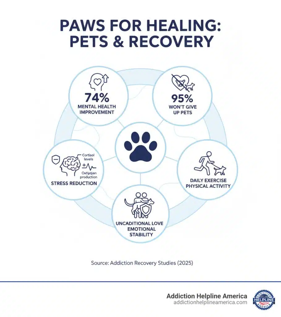 Infographic showing mental health benefits of pet ownership during addiction recovery, featuring statistics: 74% report mental health improvement from pets, 95% won't give up pets, pets reduce cortisol levels and increase oxytocin production, daily exercise requirements promote physical activity, and unconditional love provides emotional stability during treatment - pet friendly alcohol and drug rehab infographic