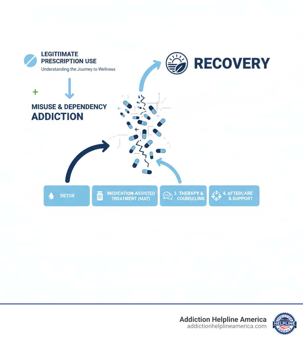 Infographic showing the stages of prescription drug addiction treatment, including detox, therapy, and recovery support