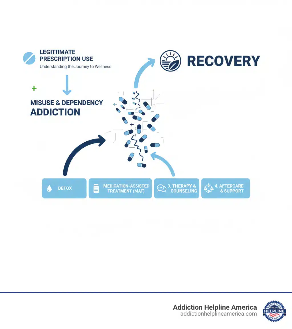 Infographic showing the stages of prescription drug addiction treatment, including detox, therapy, and recovery support