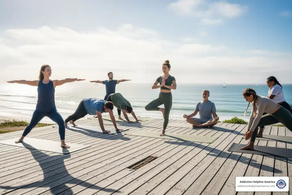 small group doing yoga on a deck with an ocean backdrop - Luxury alcohol rehab Malibu