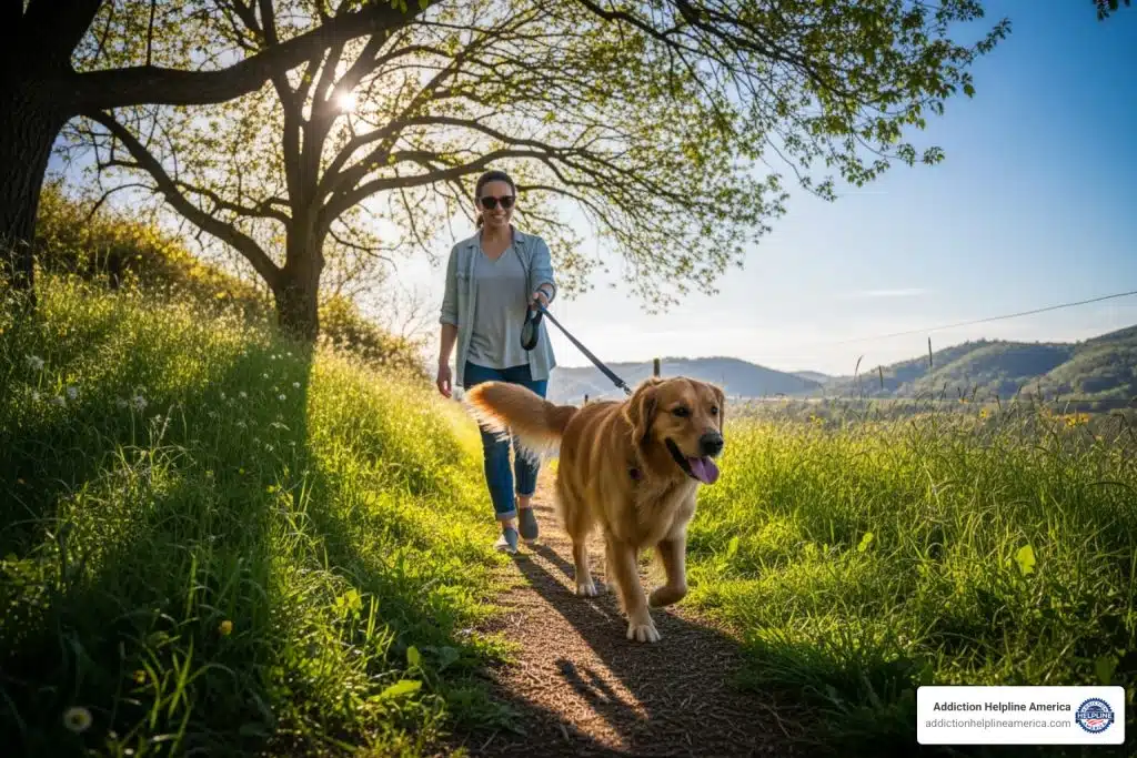 Person smiling while walking a dog on a sunny path - pet friendly alcohol and drug rehab