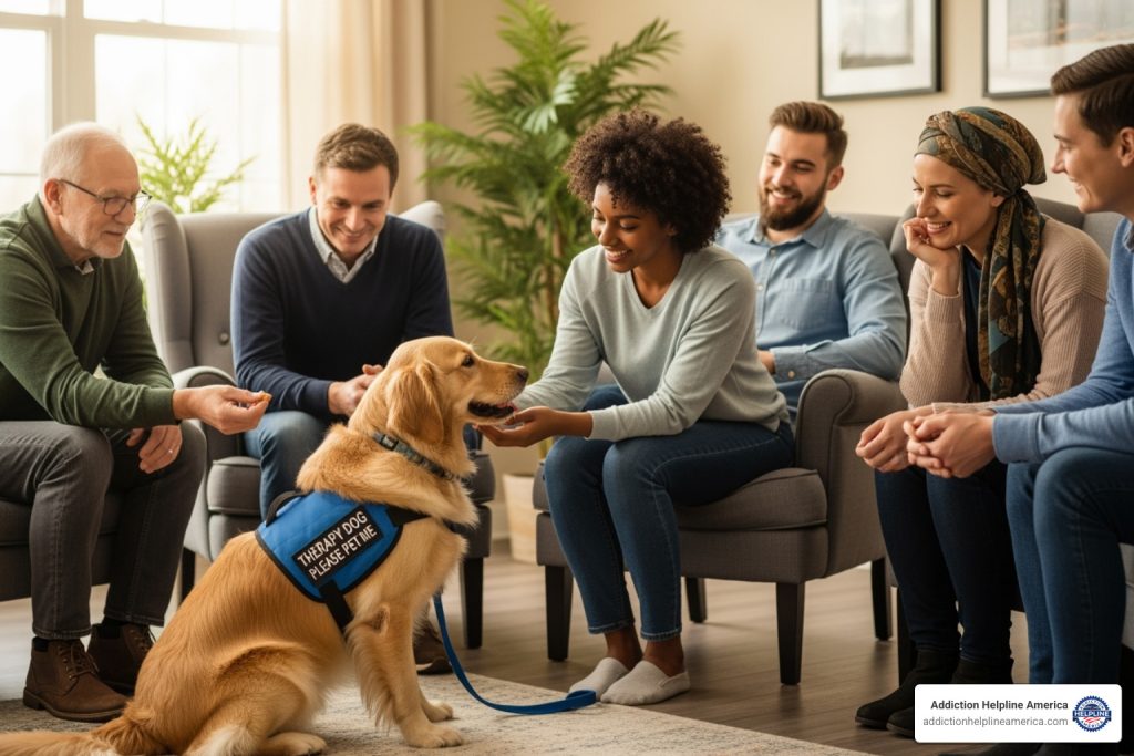 Therapy dog with a vest interacting with a group of people - pet friendly alcohol and drug rehab