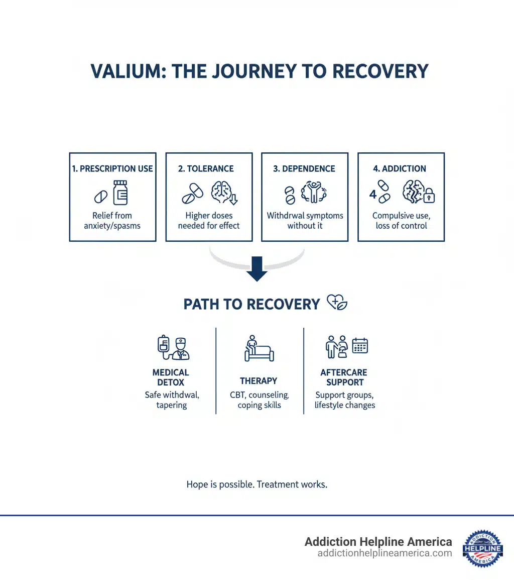Infographic showing the progression from prescription Valium use to tolerance, dependence, addiction, and the path to recovery through medical detox, therapy, and aftercare support - Valium Addiction Treatment infographic