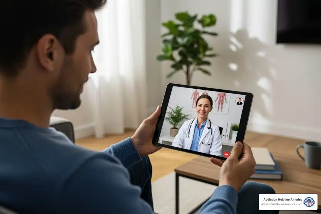 Person having a video call with a doctor on a tablet - Suboxone doctor search
