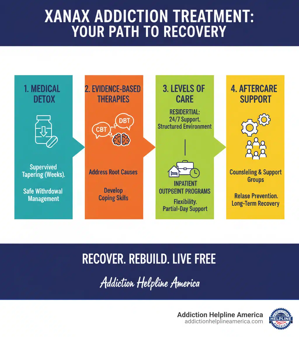 Infographic showing comprehensive Xanax addiction treatment process including medical detox with supervised tapering over weeks, evidence-based therapies like CBT and DBT, inpatient residential care with 24/7 support versus outpatient programs with flexibility, and aftercare support including counseling and support groups for relapse prevention - Xanax Addiction Treatment infographic