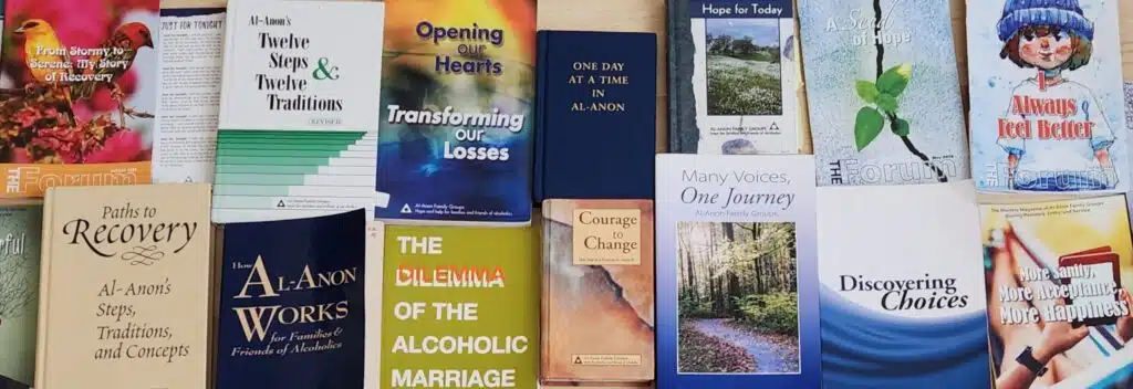 A collection of Al-Anon Conference Approved Literature (CAL), including books, pamphlets, and the 'Al-Anon Faces Alcoholism' magazine, arranged neatly on a table - al anon family groups A collection of Al-Anon Conference Approved Literature (CAL), including books, pamphlets, and the 'Al-Anon Faces Alcoholism' magazine, arranged neatly on a table - al anon family groups