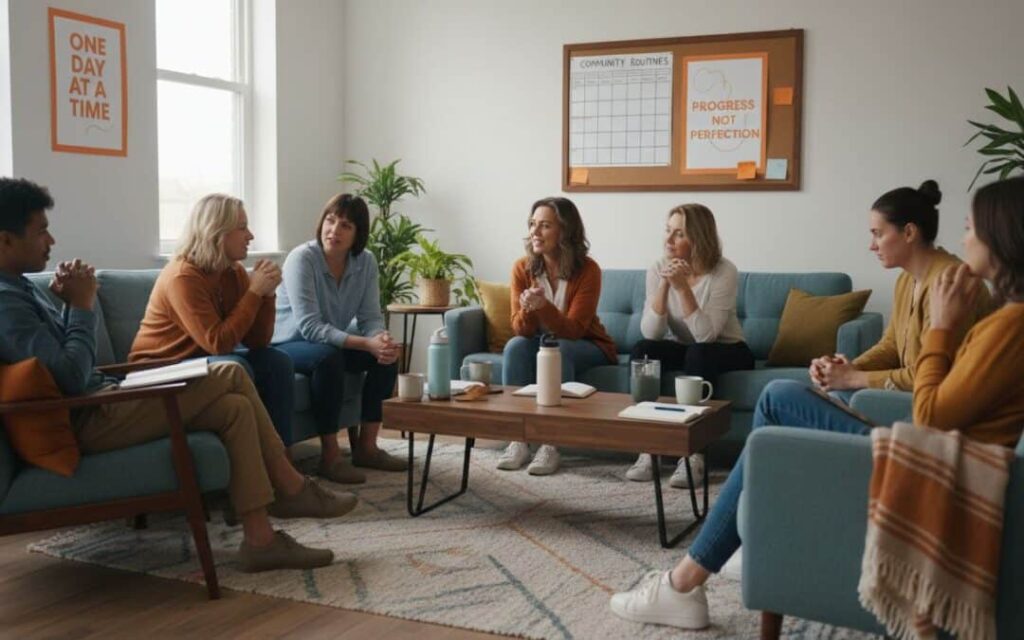 group of diverse people in a supportive house meeting - sober living options group of diverse people in a supportive house meeting - sober living options