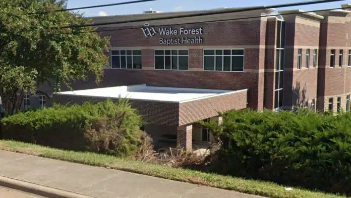 Entrance of Wake Forest Baptist Health in Winston-Salem, NC, providing comprehensive medical and behavioral health services, including addiction treatment.