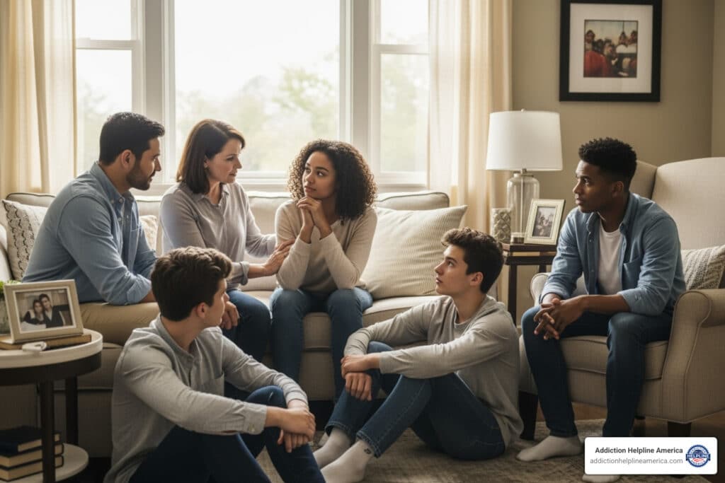 Family members engaging in a structured drug intervention to support a loved one struggling with addiction