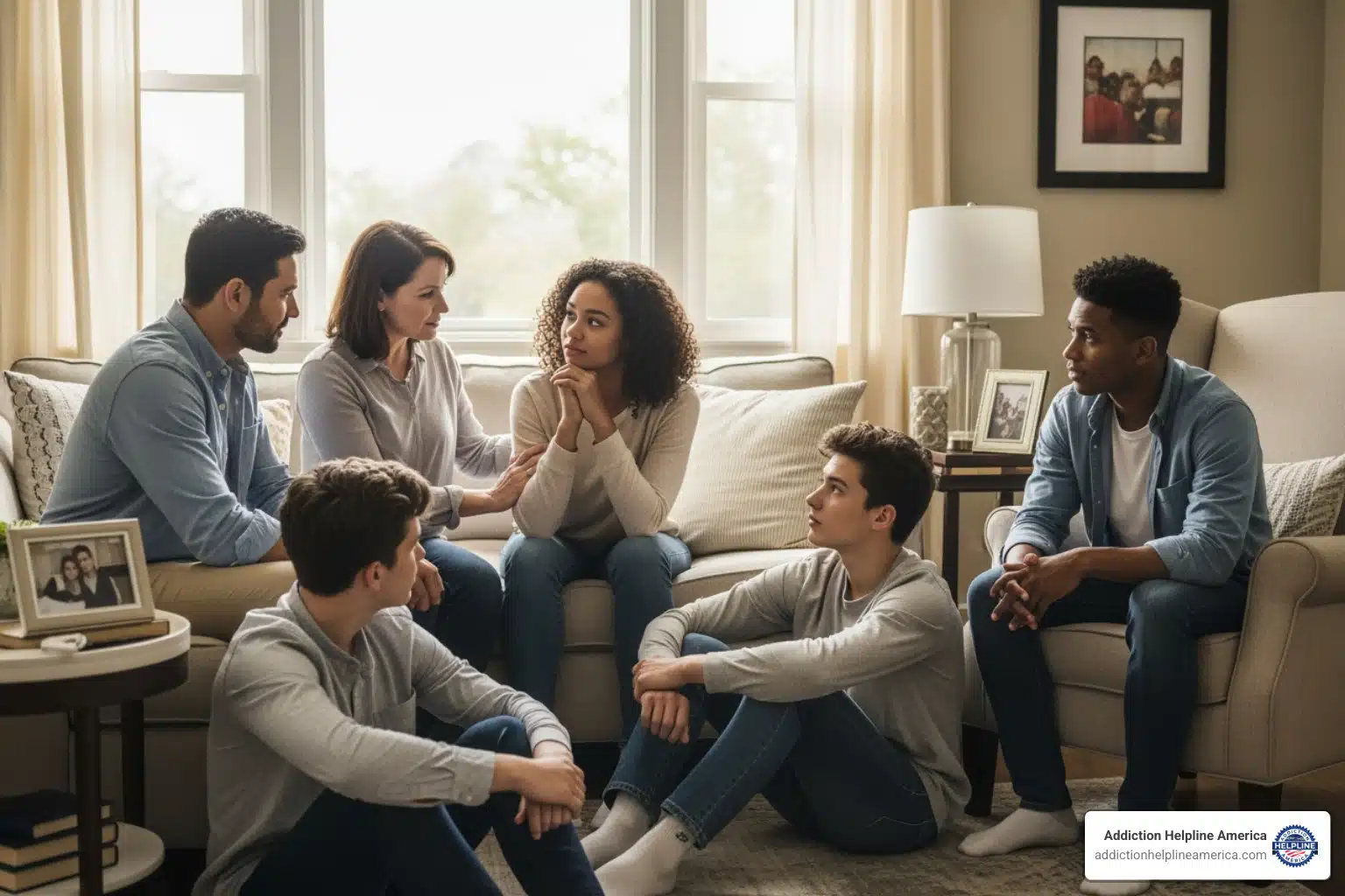 Family members engaging in a structured drug intervention to support a loved one struggling with addiction