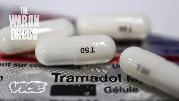 Tramadol tablets displayed, a prescription opioid used to treat moderate to severe pain.