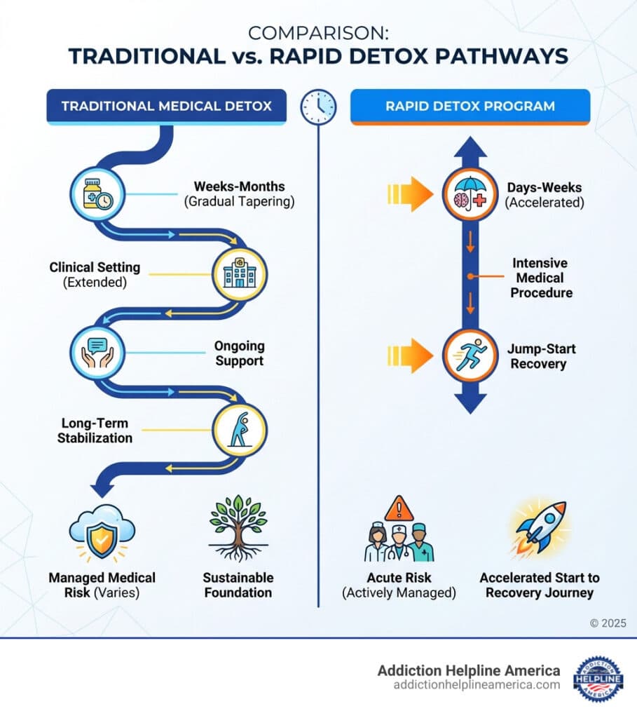 infographic comparing rapid detox timeline versus traditional medical detox timeline showing procedure duration risk levels and recovery outcomes - rapid detox programs infographic 