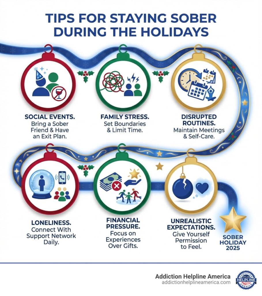 Infographic showing top holiday relapse triggers and prevention strategies: 1) Social events with alcohol - Tip: Bring a sober friend and have an exit plan, 2) Family stress and conflict - Tip: Set boundaries and limit time at triggering gatherings, 3) Disrupted routines - Tip: Maintain your meeting schedule and self-care practices, 4) Loneliness and isolation - Tip: Connect with your support network daily, 5) Financial pressure - Tip: Focus on experiences over expensive gifts, 6) Unrealistic expectations - Tip: Give yourself permission to feel however you feel - Tips for Staying Sober During the Holidays infographic roadmap-5-steps