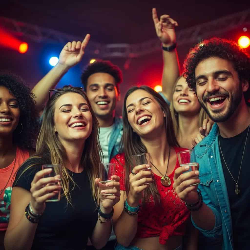 Group of young adults at a music festival, showcasing joy and euphoria, reflecting themes of MDMA use and addiction