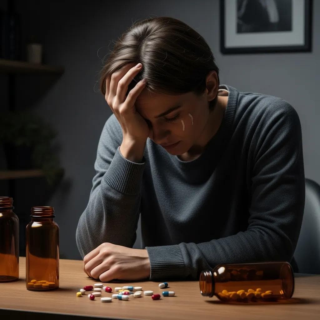 Person in distress surrounded by signs of drug addiction, emphasizing the importance of recognizing warning signs