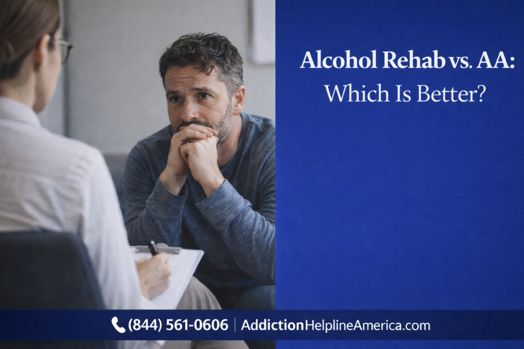 Person sitting in a therapy session weighing alcohol rehab against AA meetings for recovery