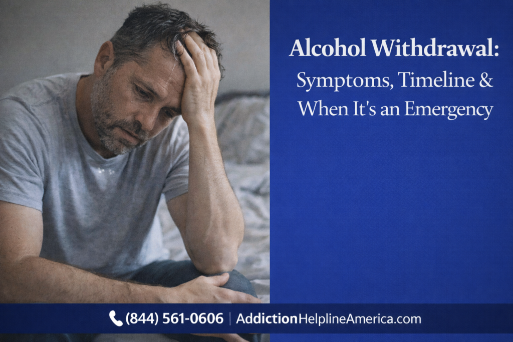 Person experiencing alcohol withdrawal symptoms sitting on a bed looking unwell