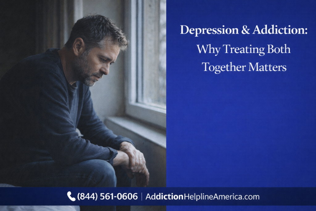 Person sitting alone looking sad representing depression and addiction co-occurring disorders