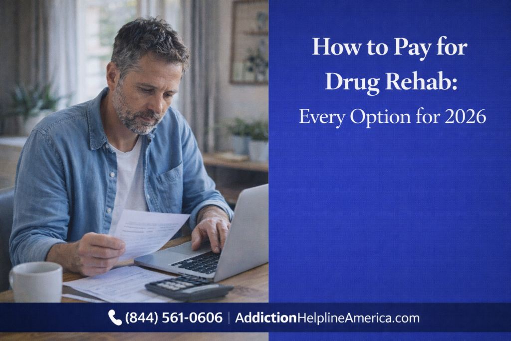 Person researching how to pay for drug rehab on a laptop with financial documents nearby