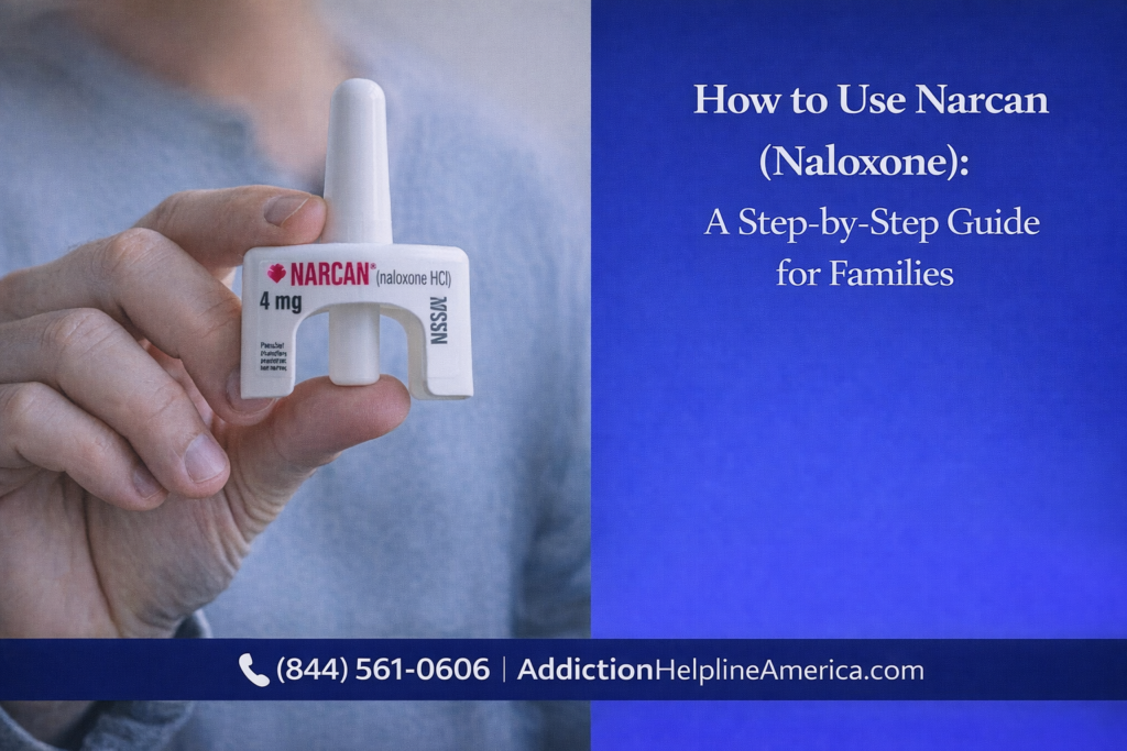 Person holding a Narcan naloxone nasal spray ready to respond to an opioid overdose